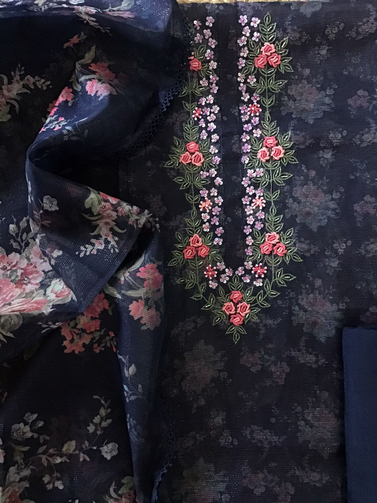 Soft Tissue Organza Printed Embroidered Suit - Blue