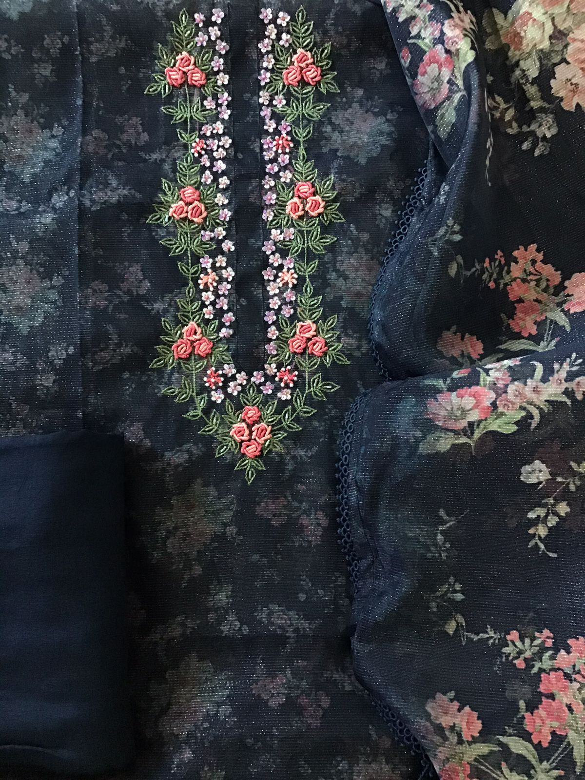 Soft Tissue Organza Printed Embroidered Suit - Blue