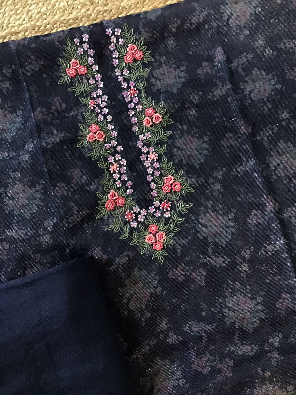 Soft Tissue Organza Printed Embroidered Suit - Blue