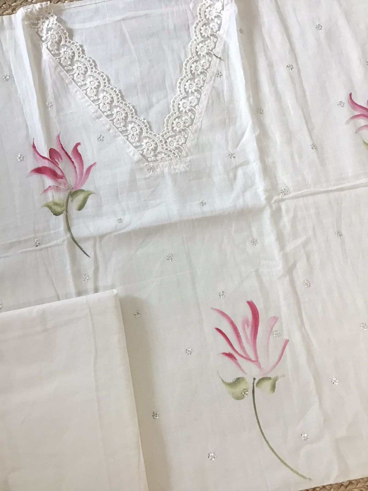 Pure Cotton Brush Painted Embroidered Suit - Offwhite