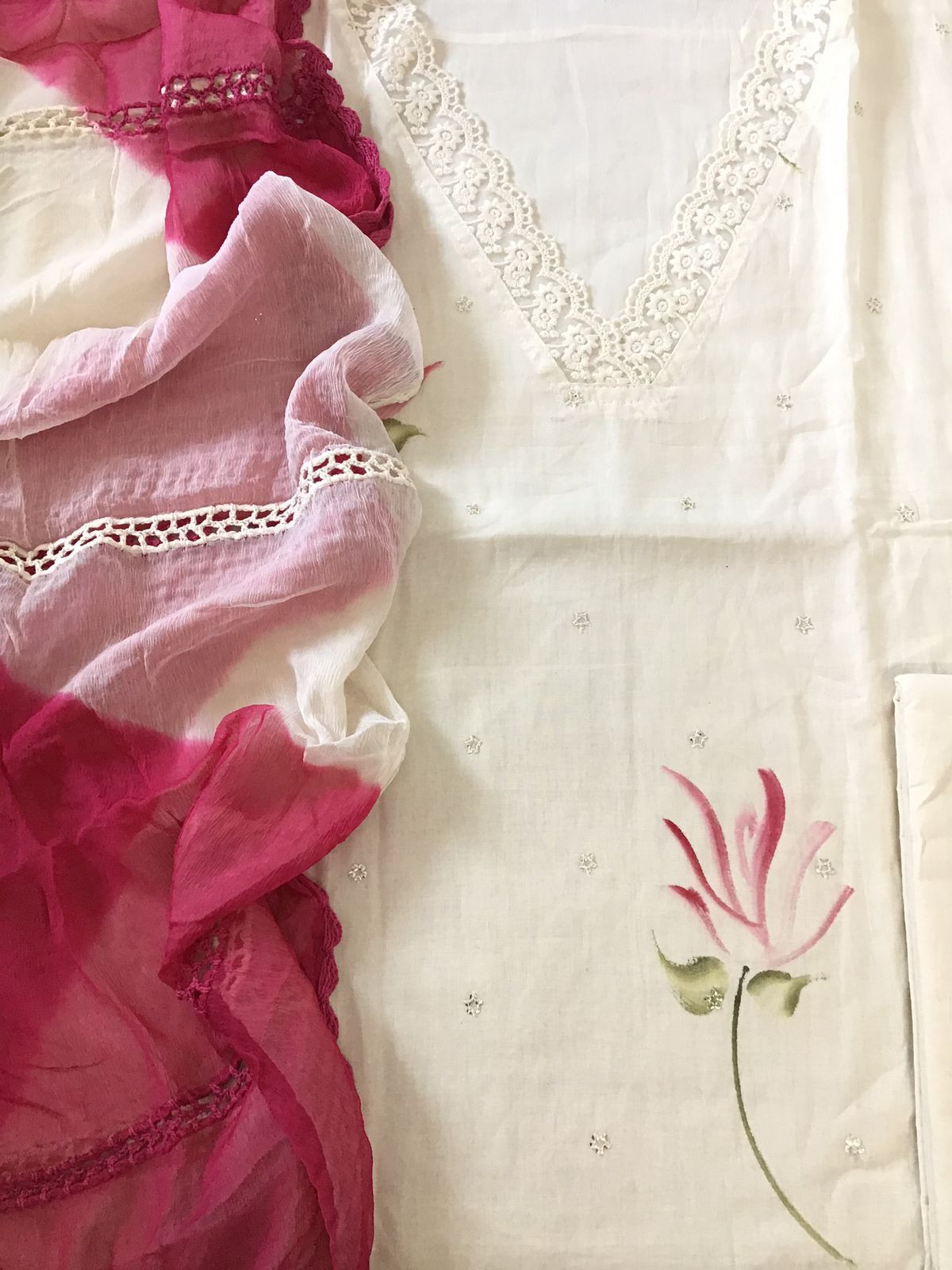 Pure Cotton Brush Painted Embroidered Suit - Offwhite