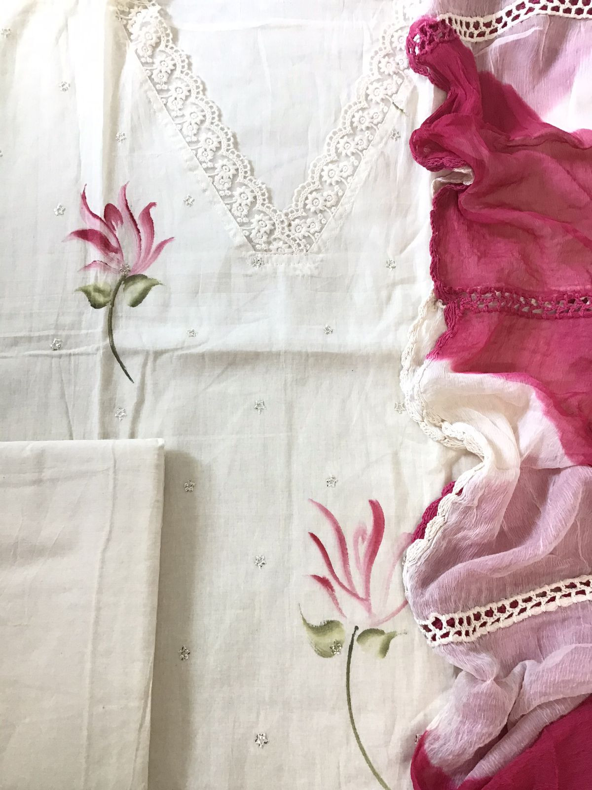 Pure Cotton Brush Painted Embroidered Suit - Offwhite