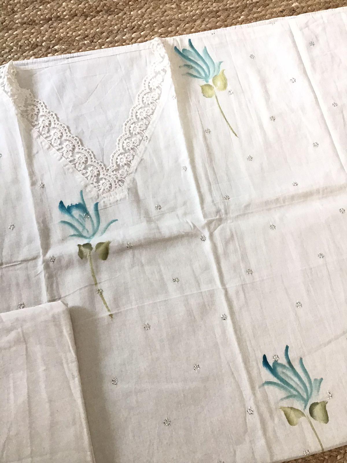 Pure Cotton Brush Painted Embroidered Suit - Offwhite