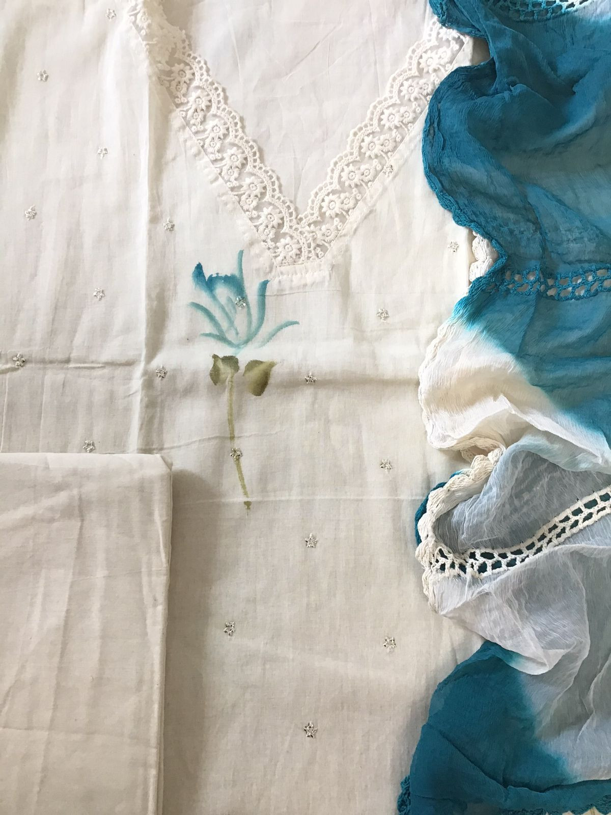 Pure Cotton Brush Painted Embroidered Suit - Offwhite