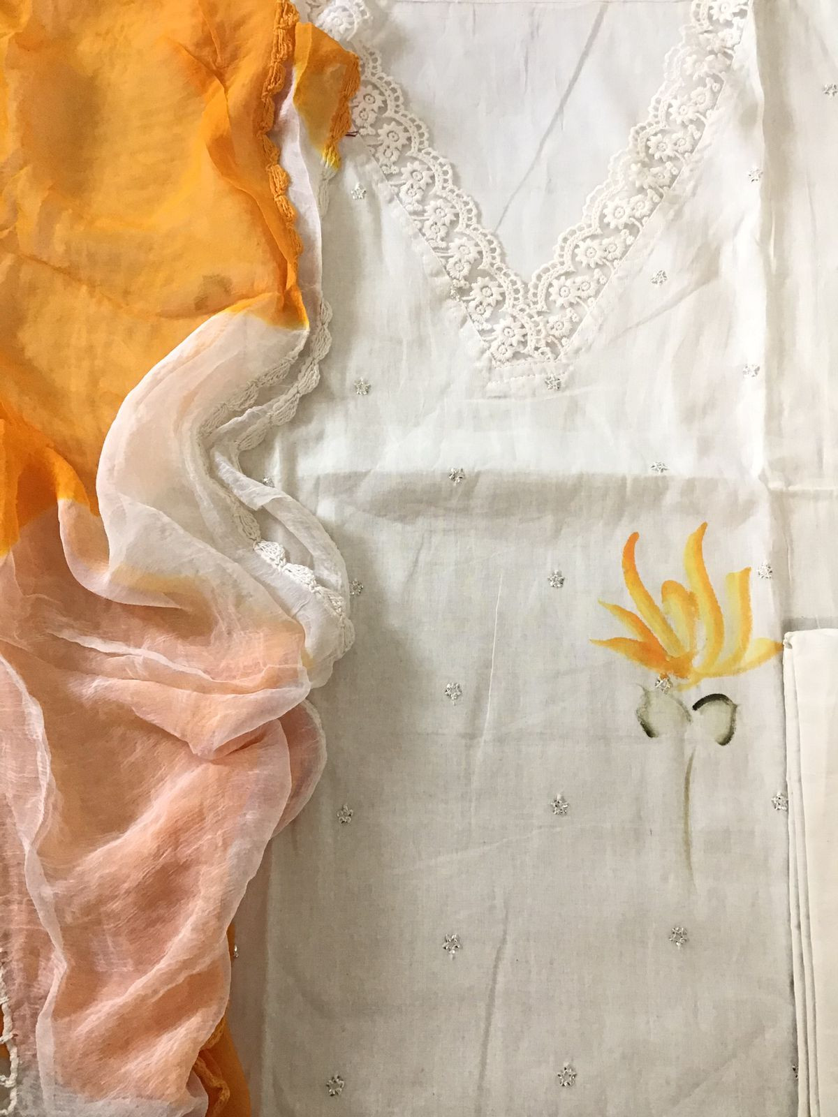 Pure Cotton Brush Painted Embroidered Suit - Offwhite