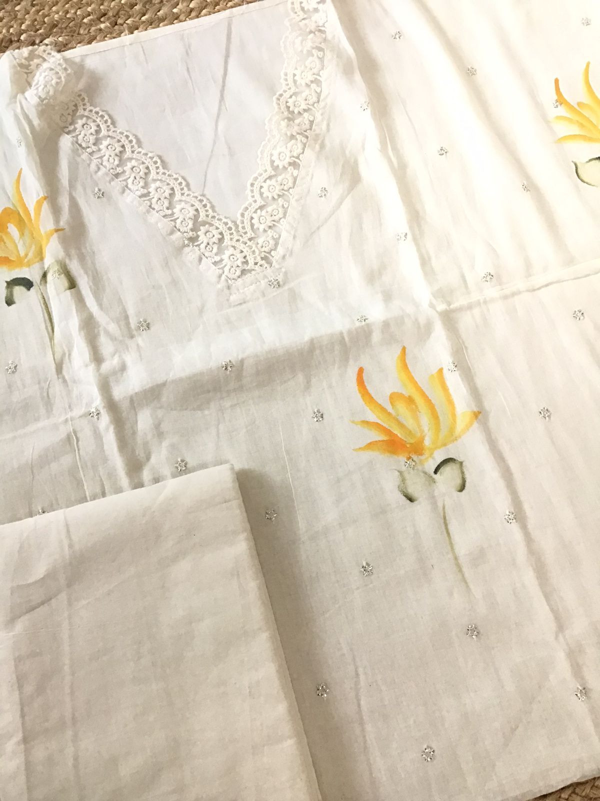 Pure Cotton Brush Painted Embroidered Suit - Offwhite