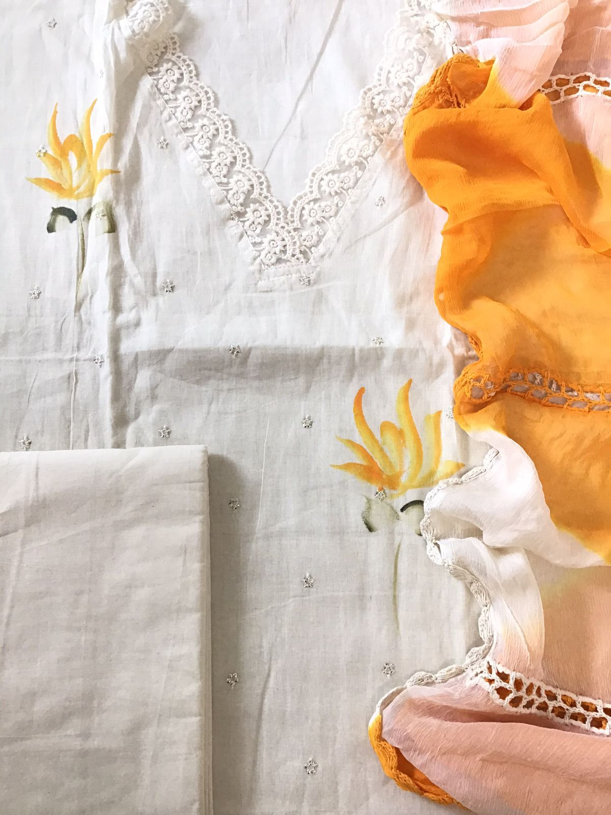 Pure Cotton Brush Painted Embroidered Suit - Offwhite