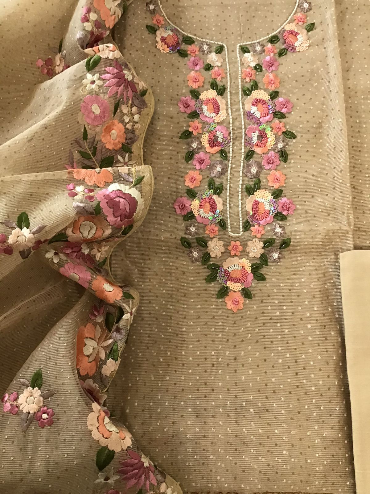 Soft Supernet Printed Embroidered Suit - Beige