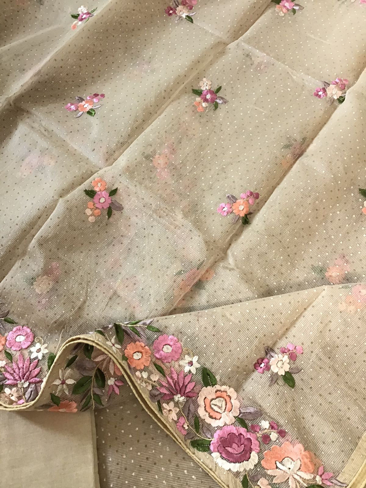 Soft Supernet Printed Embroidered Suit - Beige