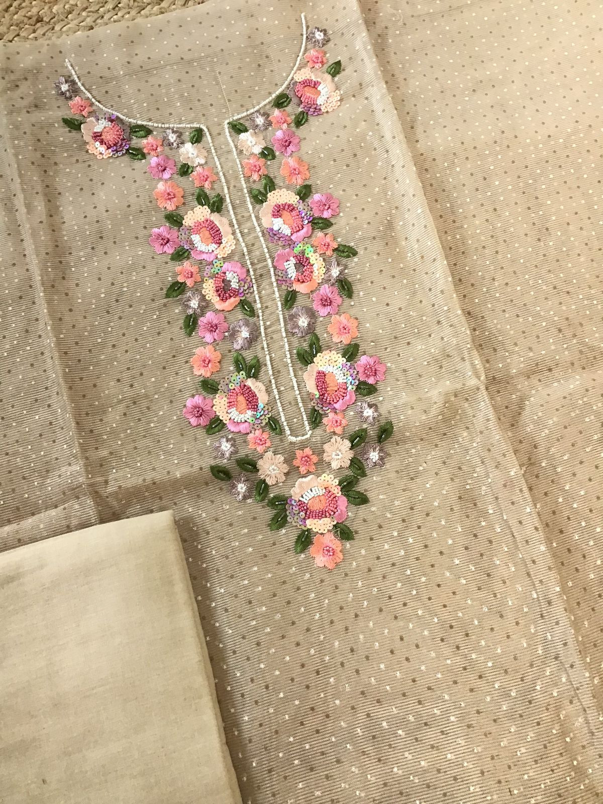 Soft Supernet Printed Embroidered Suit - Beige