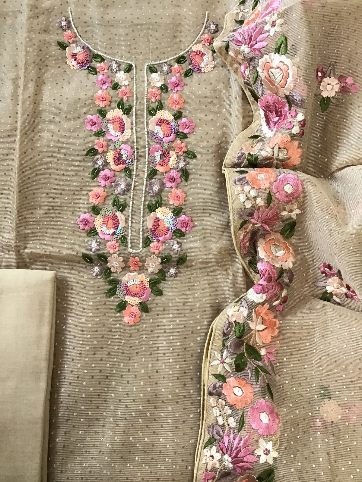 Soft Supernet Printed Embroidered Suit - Beige