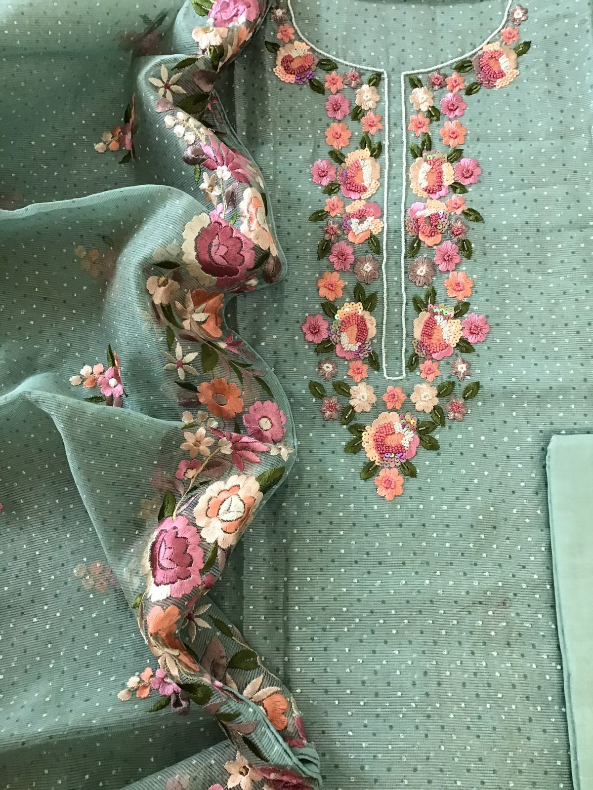 Soft Supernet Printed Embroidered Suit - Blue