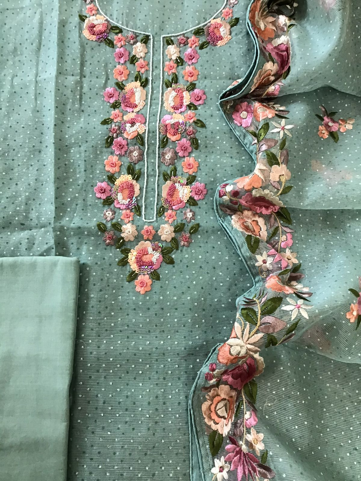 Soft Supernet Printed Embroidered Suit - Blue