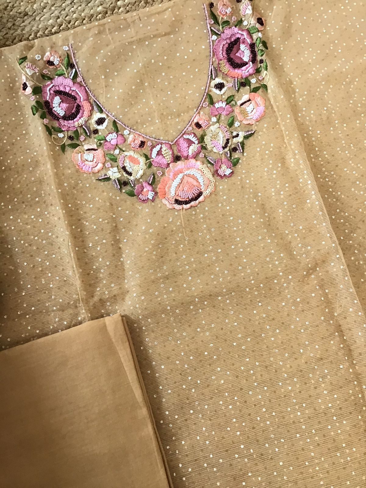 Soft Supernet Printed Embroidered Suit - Beige