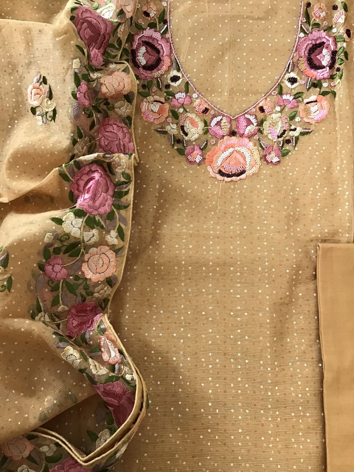 Soft Supernet Printed Embroidered Suit - Beige