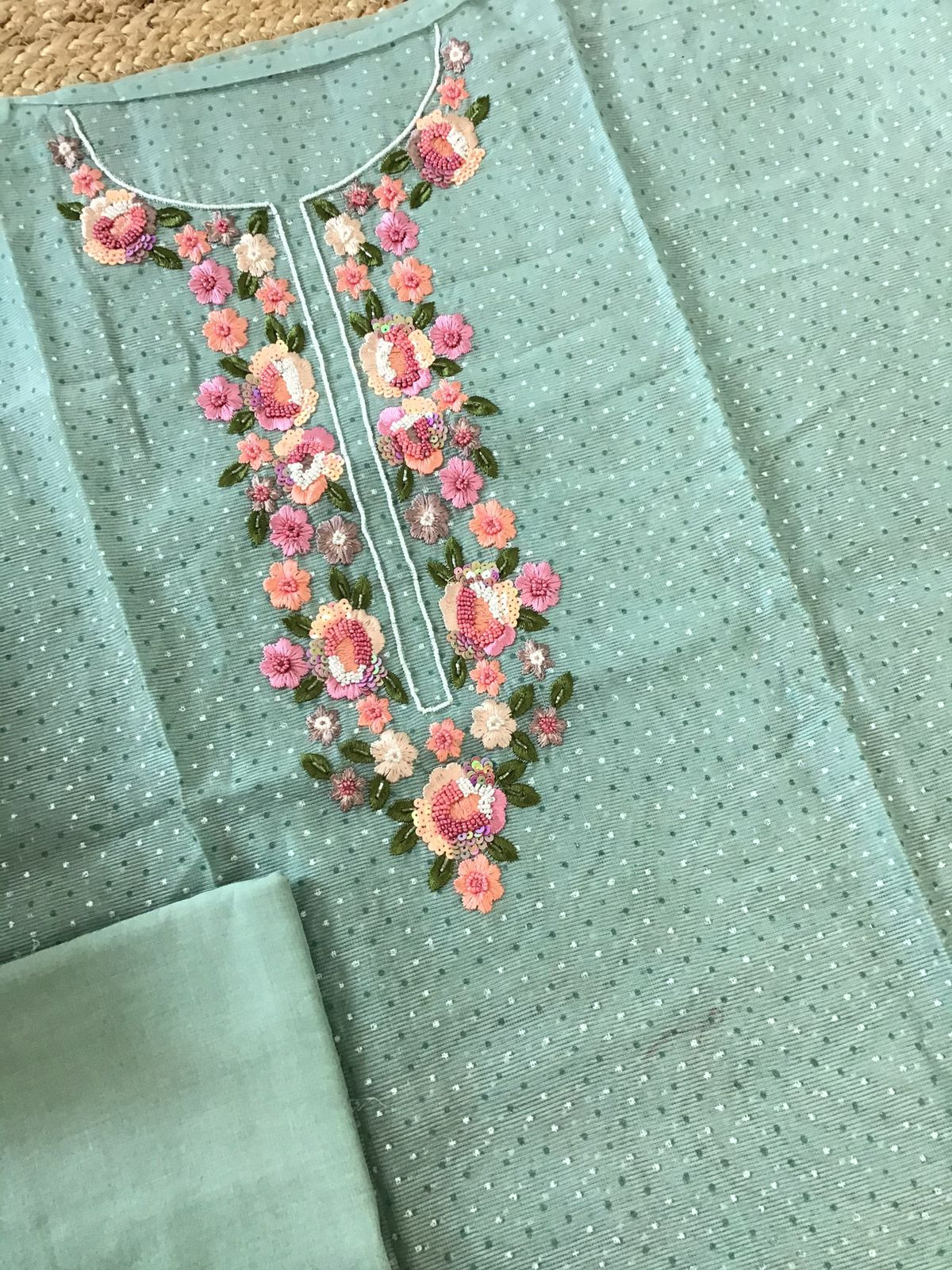 Soft Supernet Printed Embroidered Suit - Blue