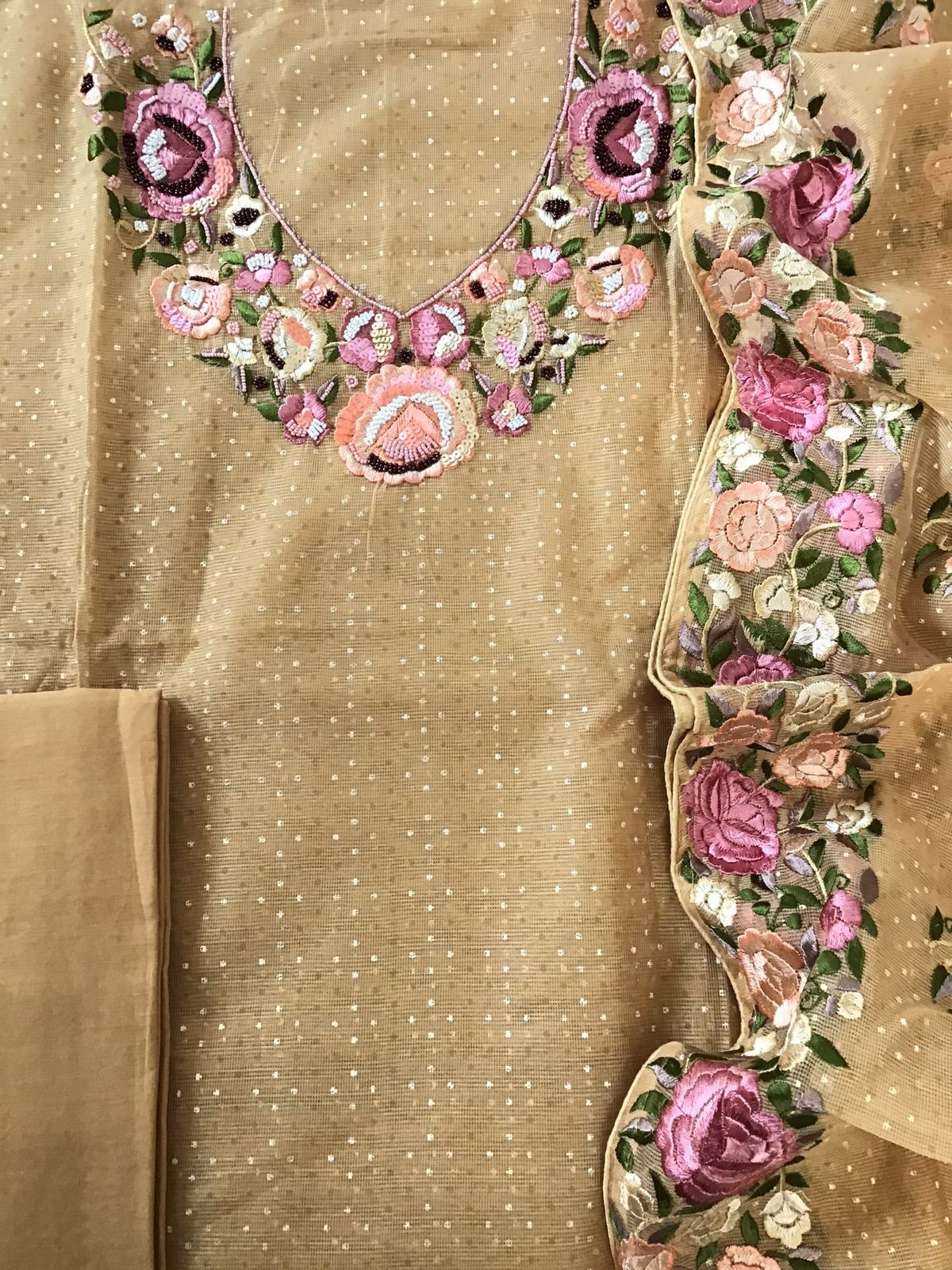 Soft Supernet Printed Embroidered Suit - Beige