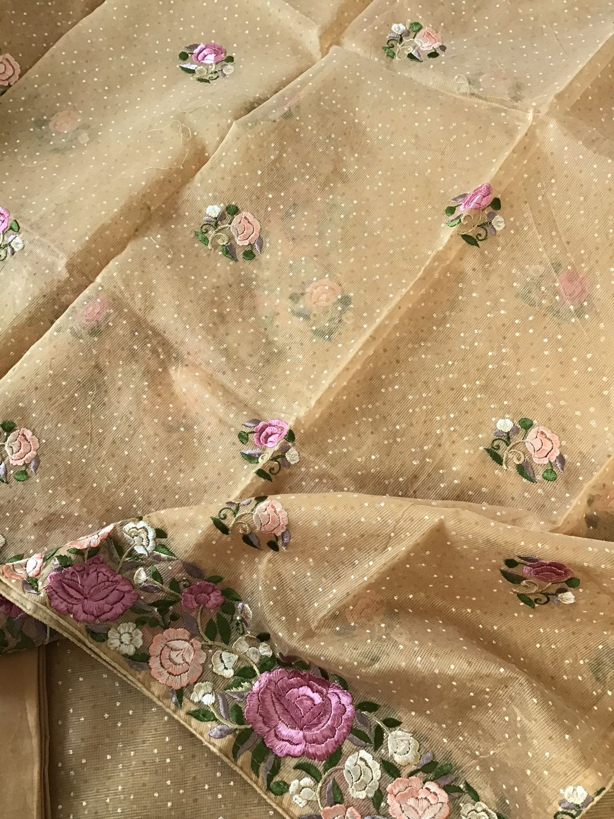 Soft Supernet Printed Embroidered Suit - Beige