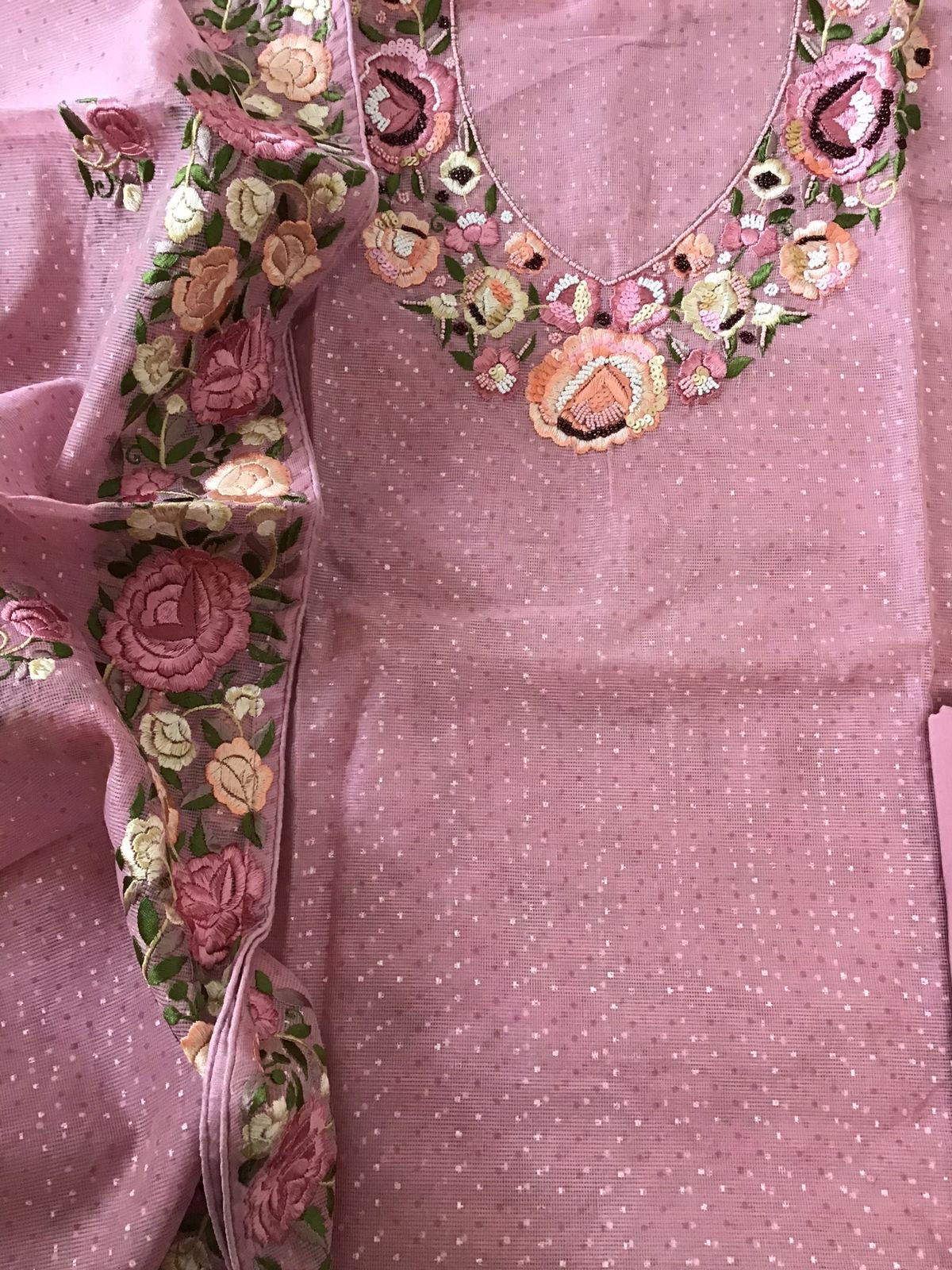 Soft Supernet Printed Embroidered Suit - Pink