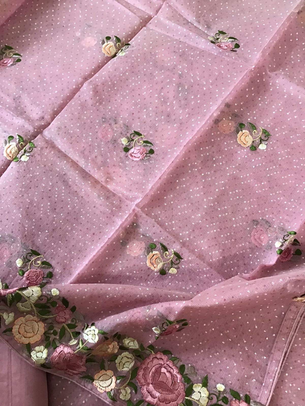 Soft Supernet Printed Embroidered Suit - Pink