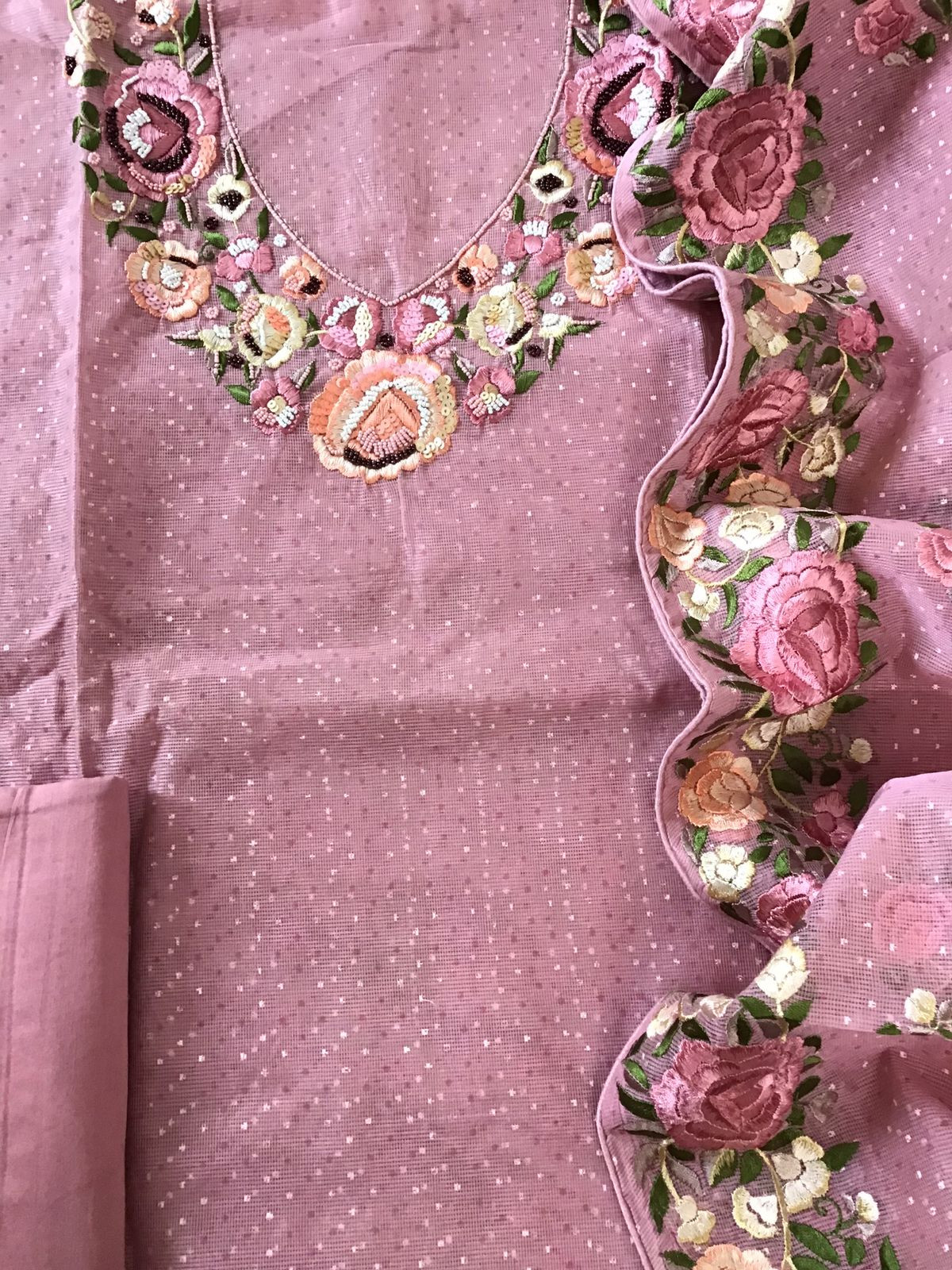 Soft Supernet Printed Embroidered Suit - Pink