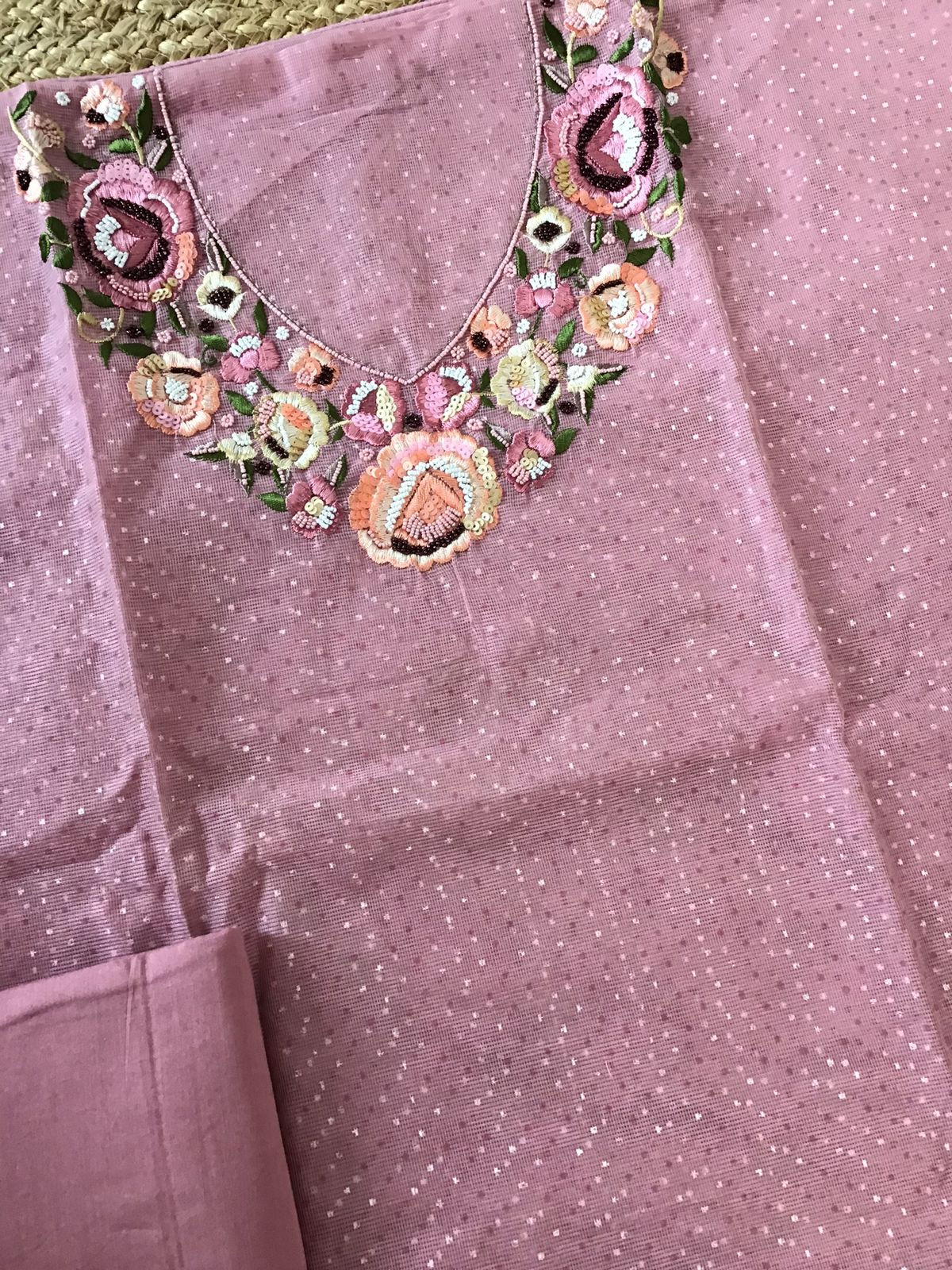 Soft Supernet Printed Embroidered Suit - Pink