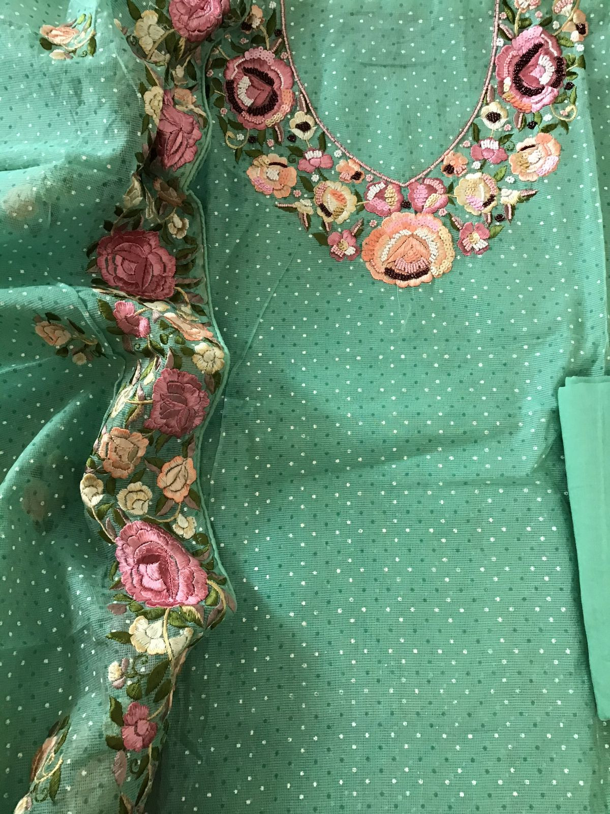 Soft Supernet Printed Embroidered Suit - Green