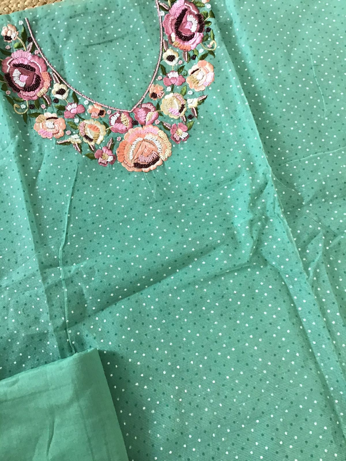 Soft Supernet Printed Embroidered Suit - Green