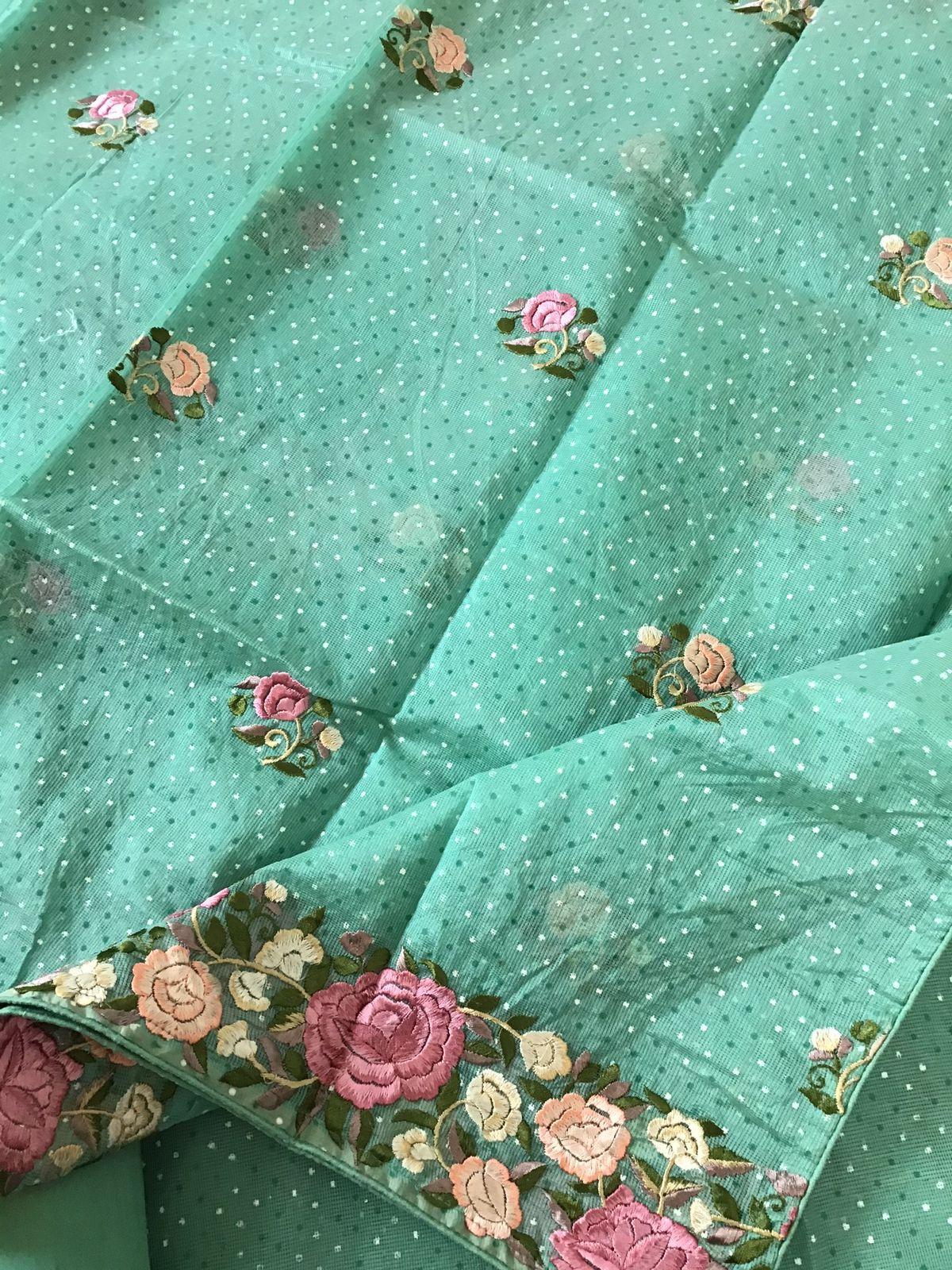 Soft Supernet Printed Embroidered Suit - Green