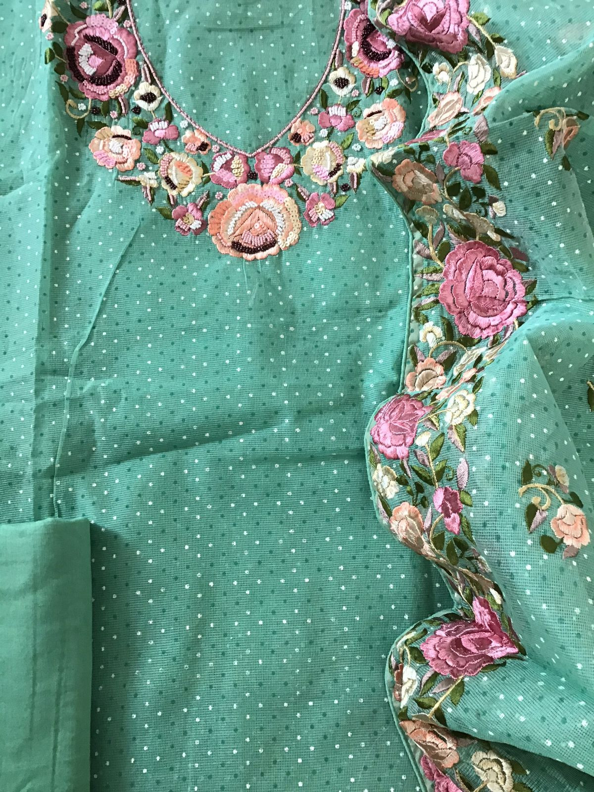 Soft Supernet Printed Embroidered Suit - Green