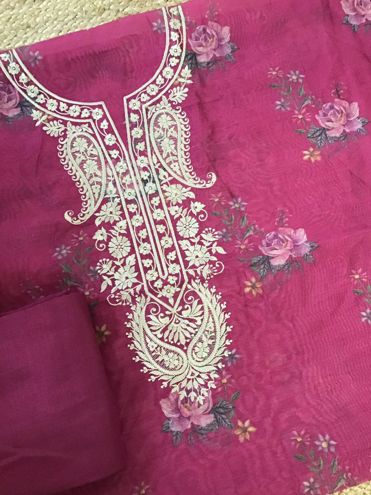 Soft Kora Chanderi Printed Embroidered Suit - Pink