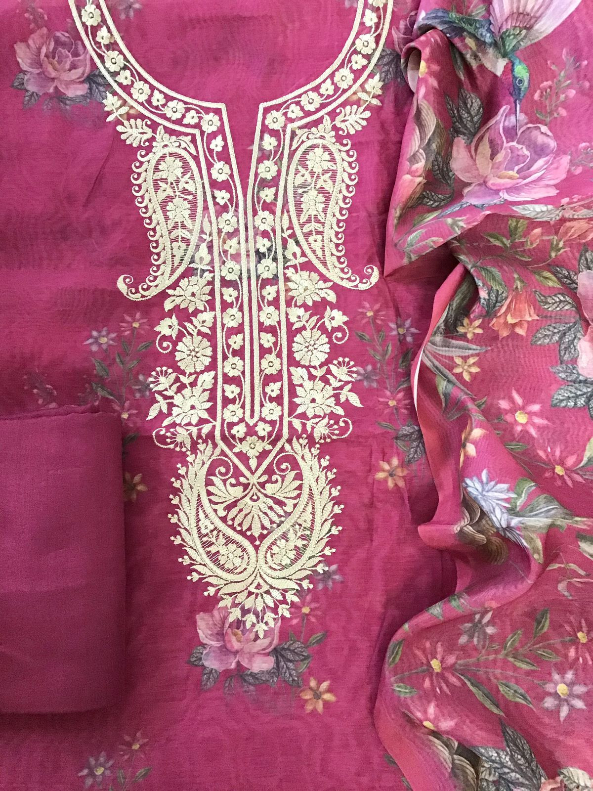Soft Kora Chanderi Printed Embroidered Suit - Pink