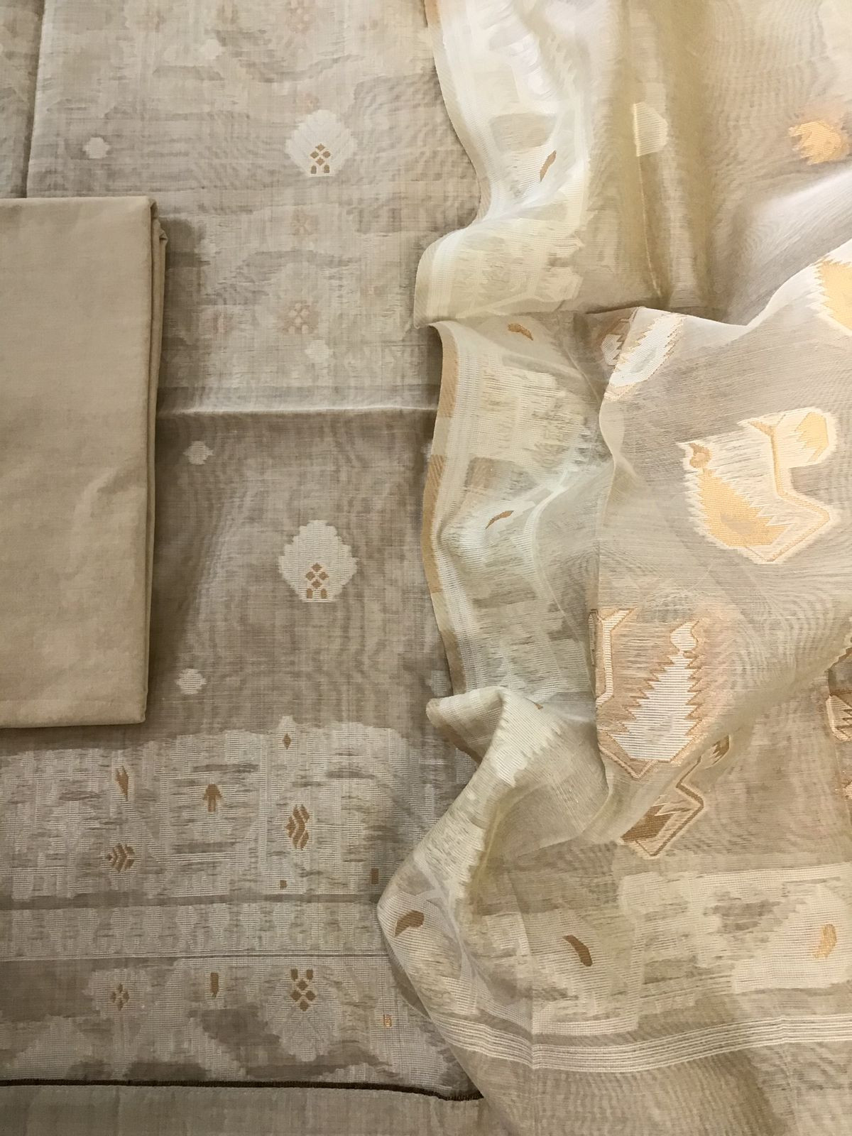 Soft Slub Chanderi Jamdani Weaved Suit - Beige