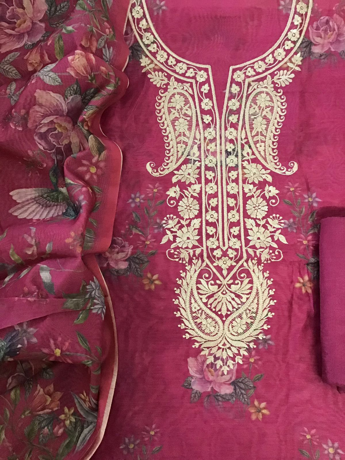 Soft Kora Chanderi Printed Embroidered Suit - Pink