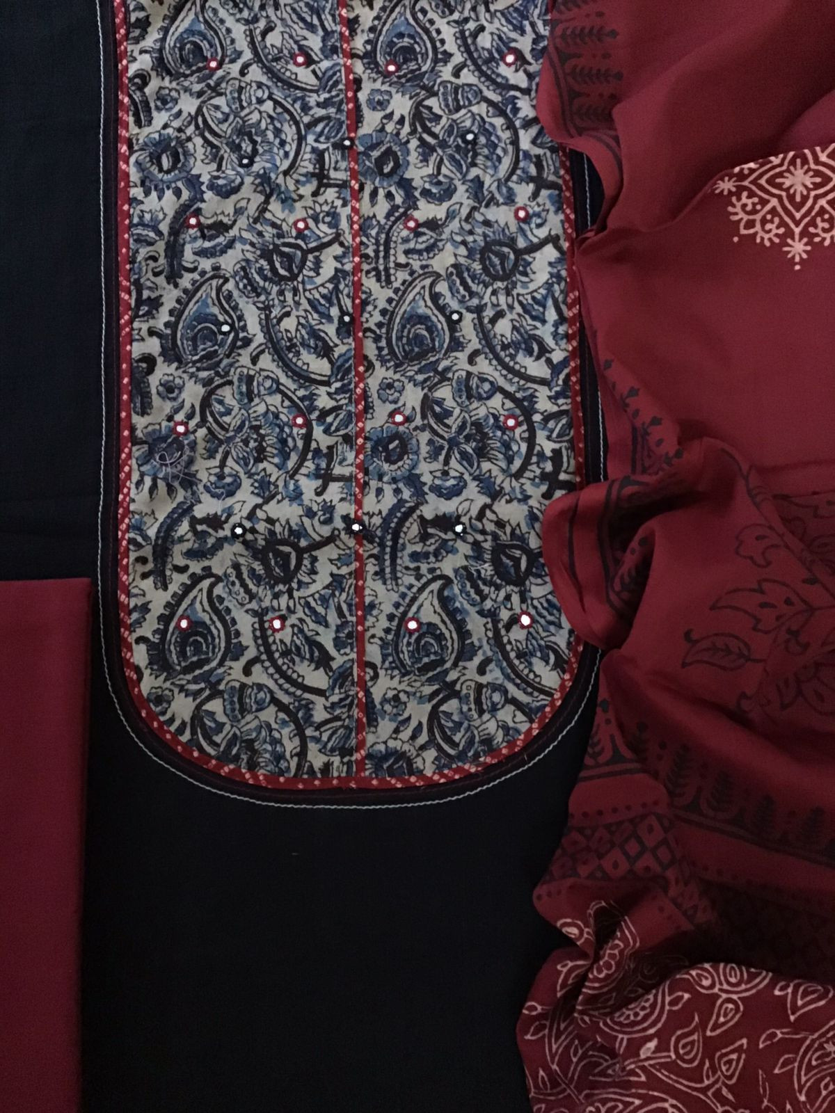 Pure Cotton Printed Embroidered Suit - Black