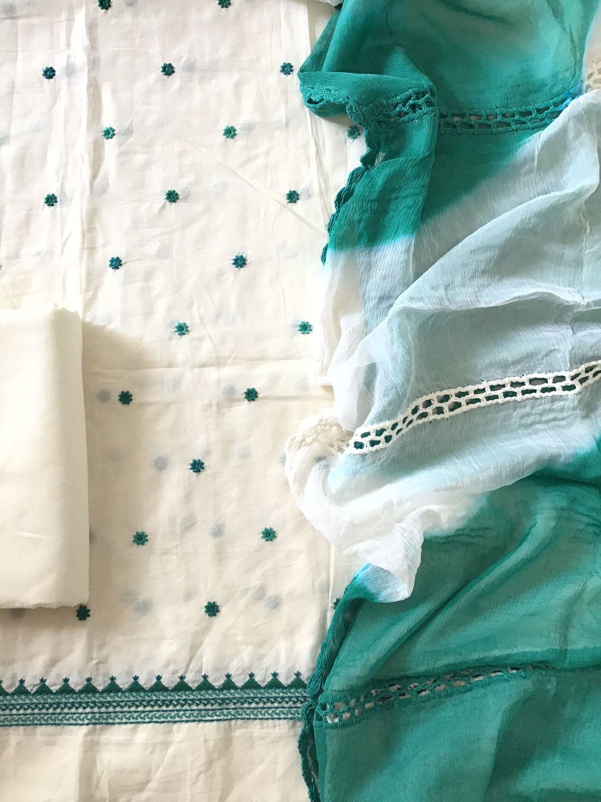 Pure Cotton Embroidered Suit - White