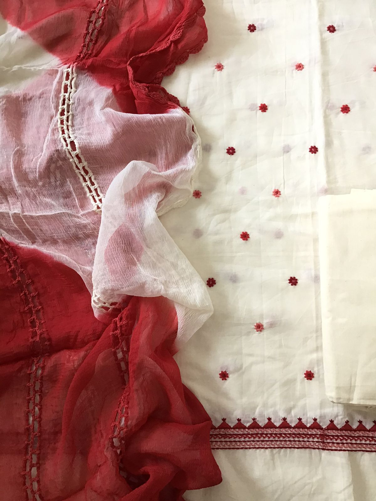 Pure Cotton Embroidered Suit - White