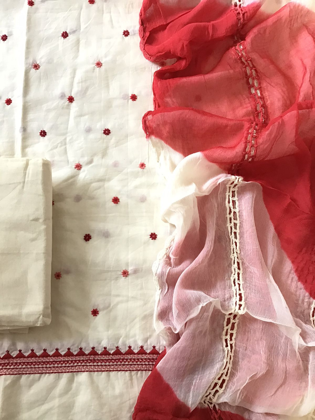 Pure Cotton Embroidered Suit - White