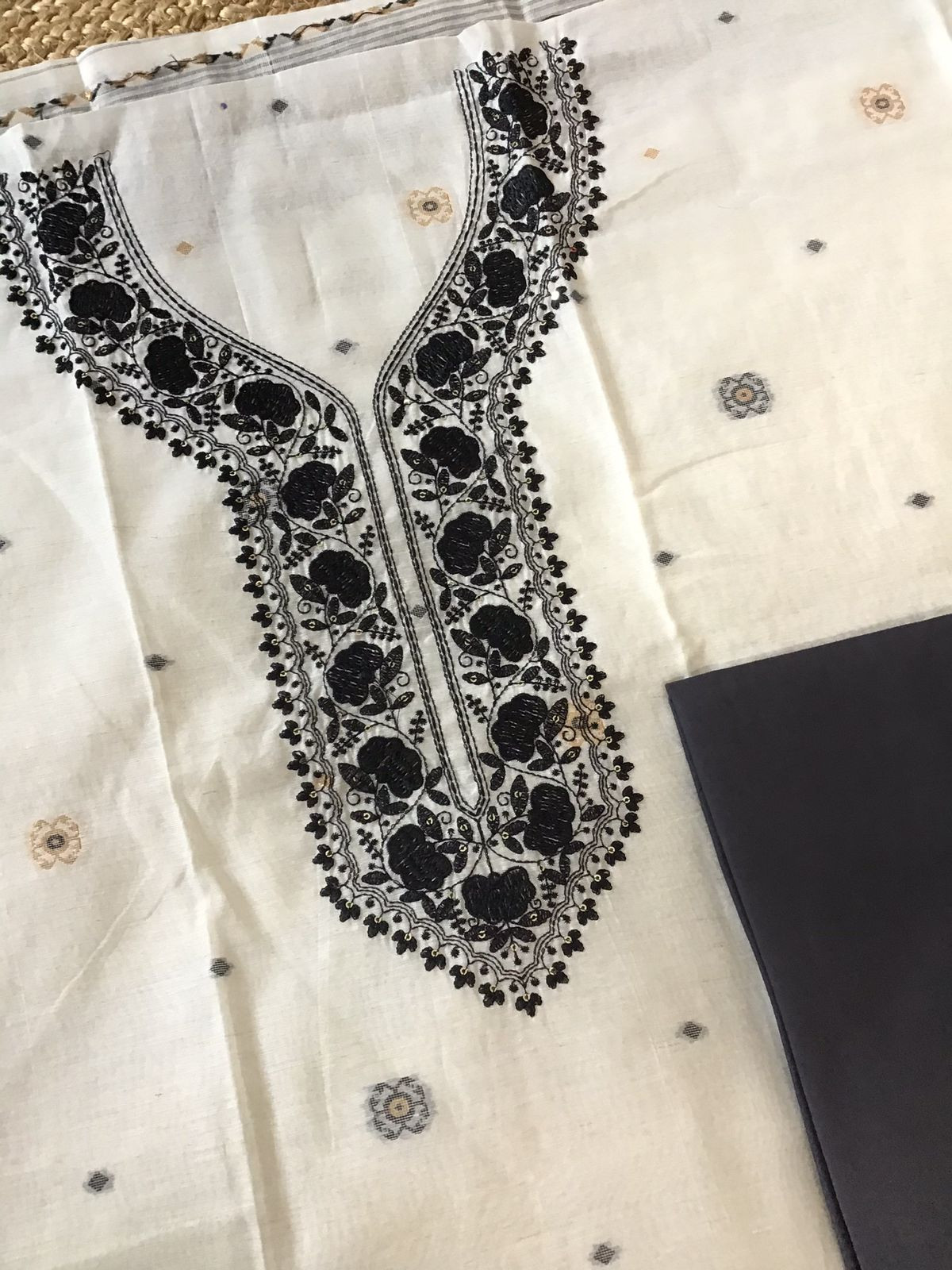 Soft Slub Chanderi Jamdani Weaved Embroidered Suit - White