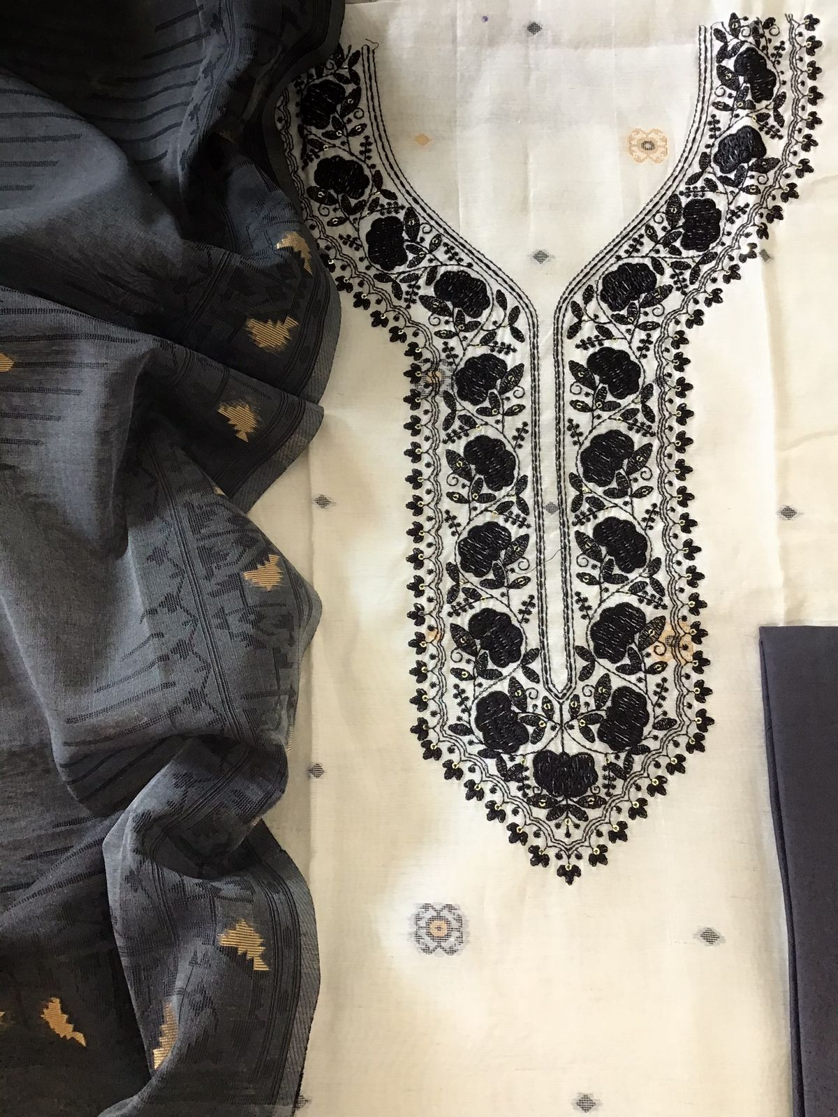 Soft Slub Chanderi Jamdani Weaved Embroidered Suit - White