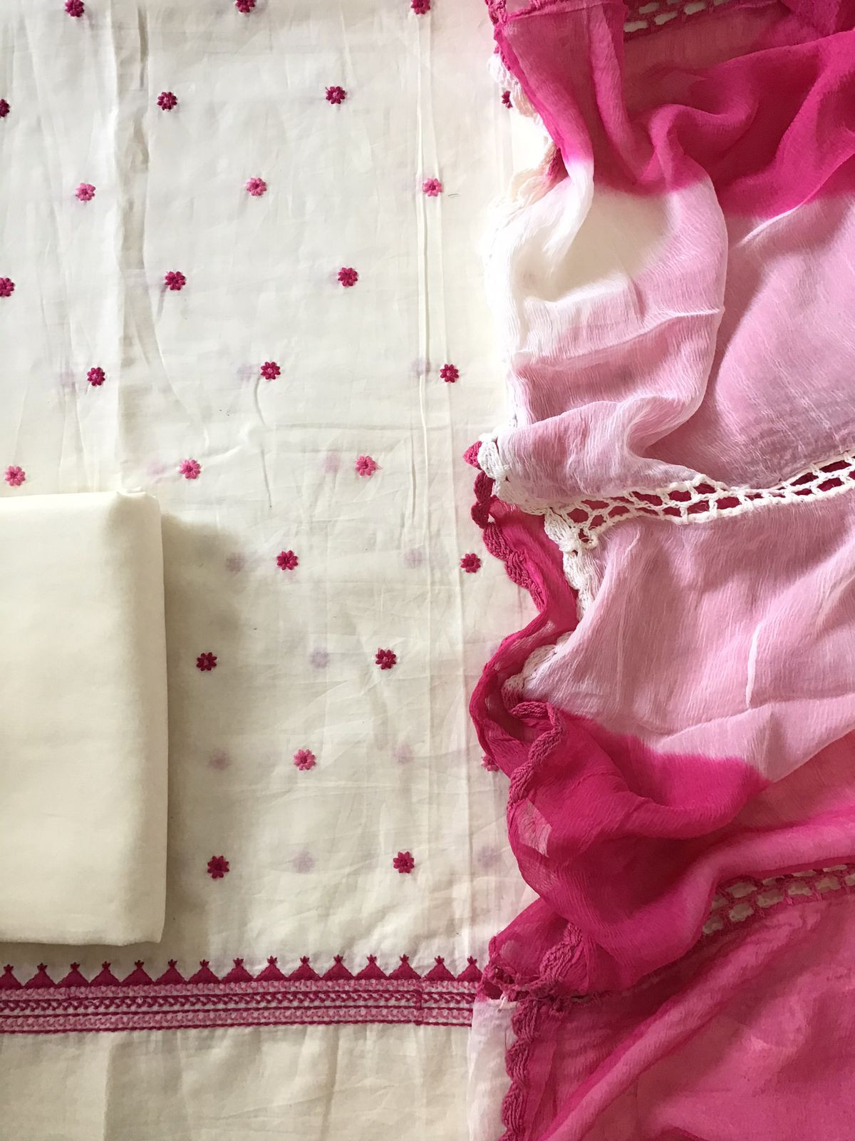 Pure Cotton Embroidered Suit - White