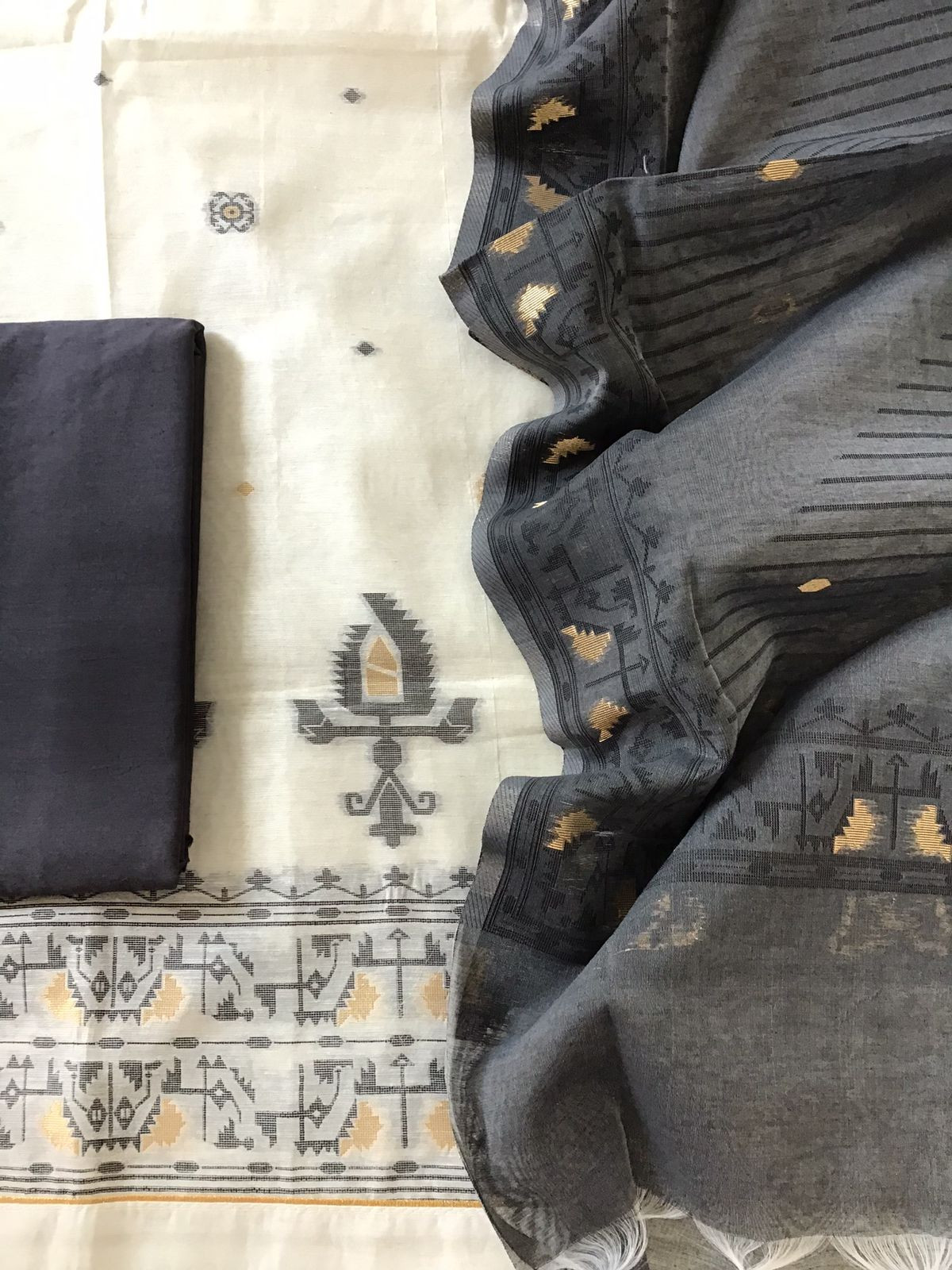 Soft Slub Chanderi Jamdani Weaved Embroidered Suit - White