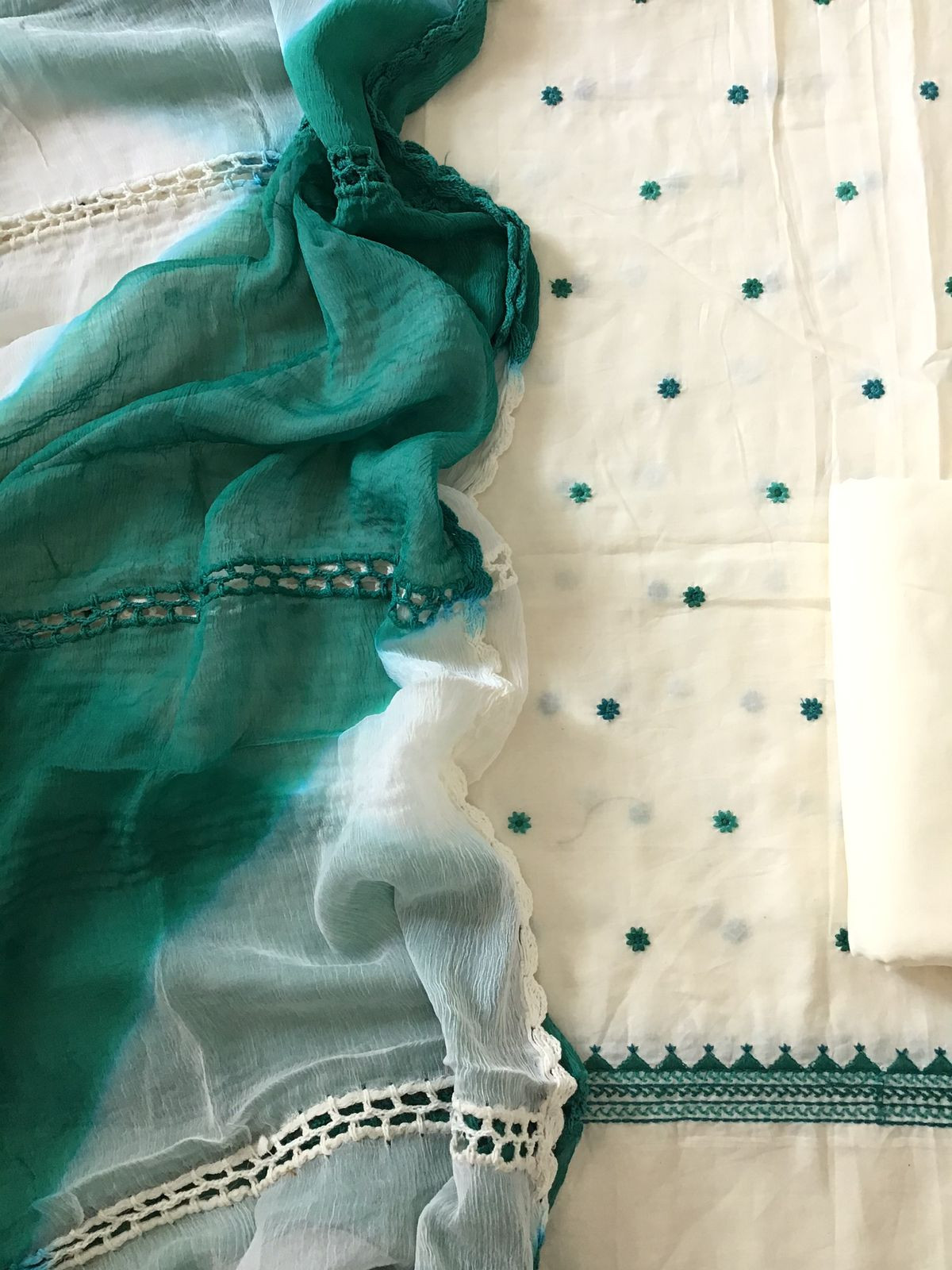 Pure Cotton Embroidered Suit - White