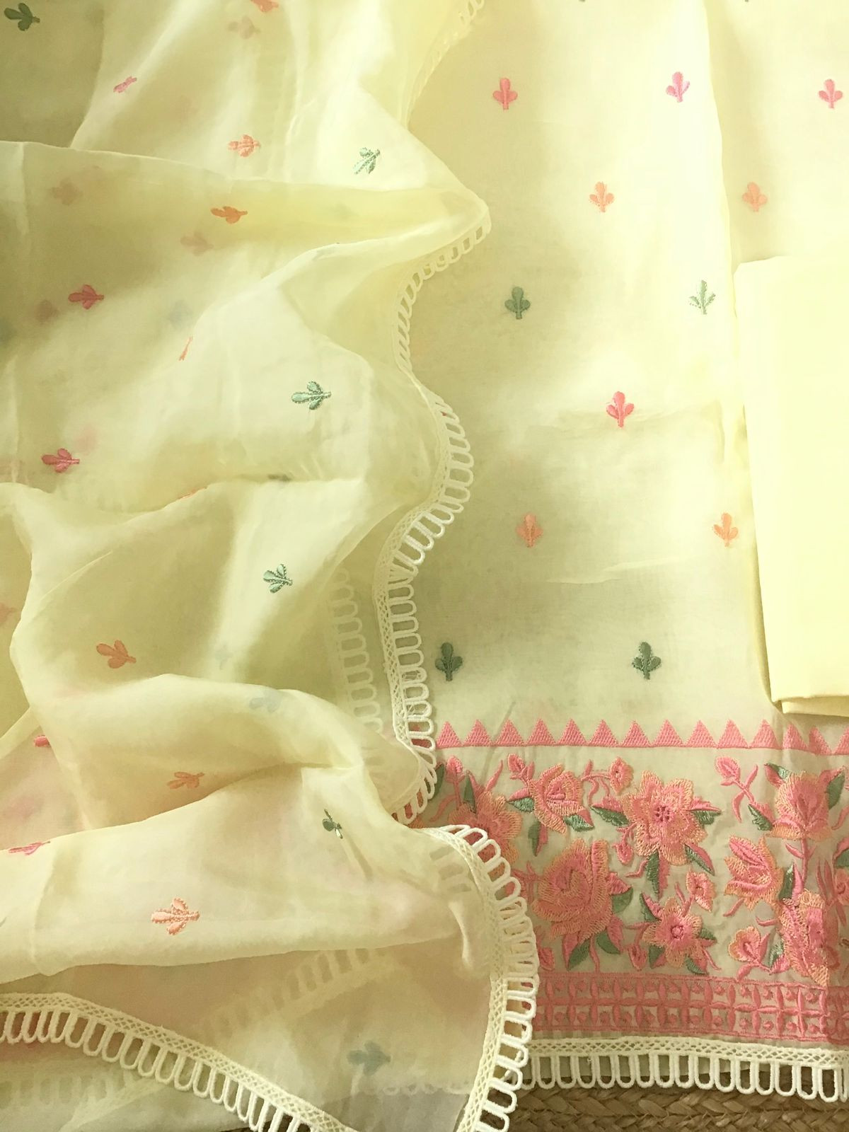 Soft Organza Embroidered Suit - Yellow