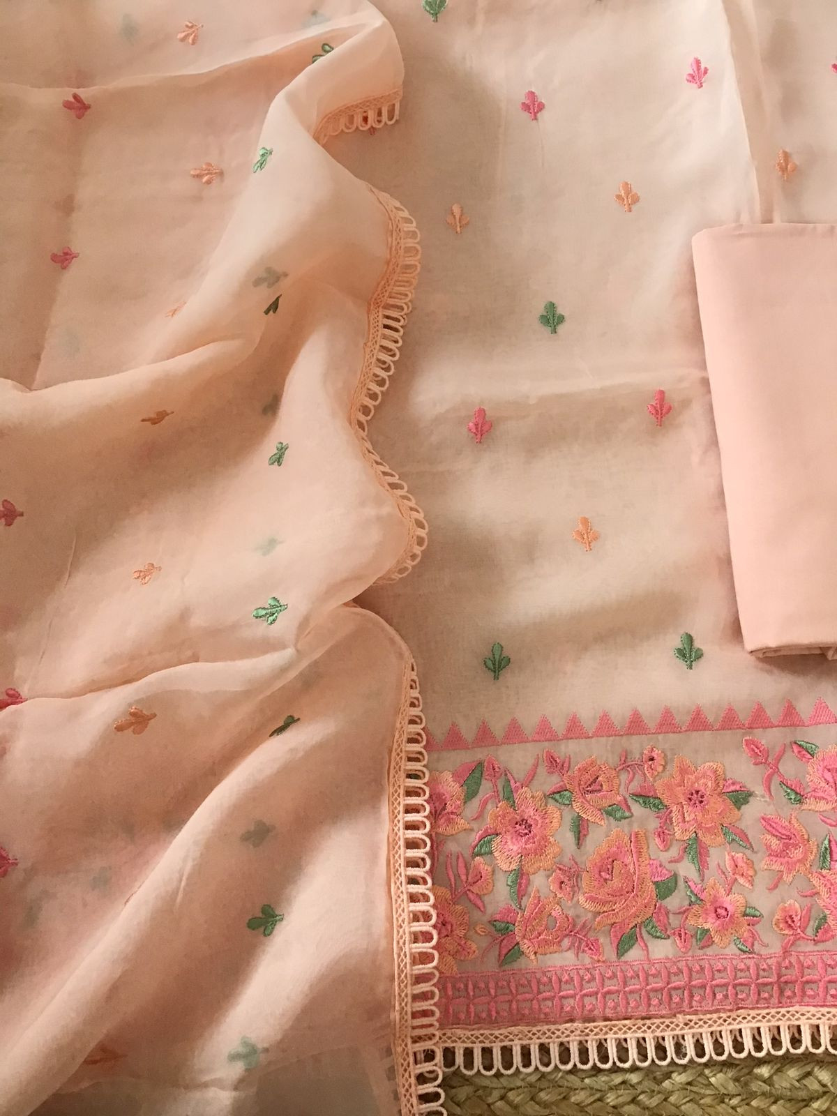 Soft Organza Embroidered Suit - Peach
