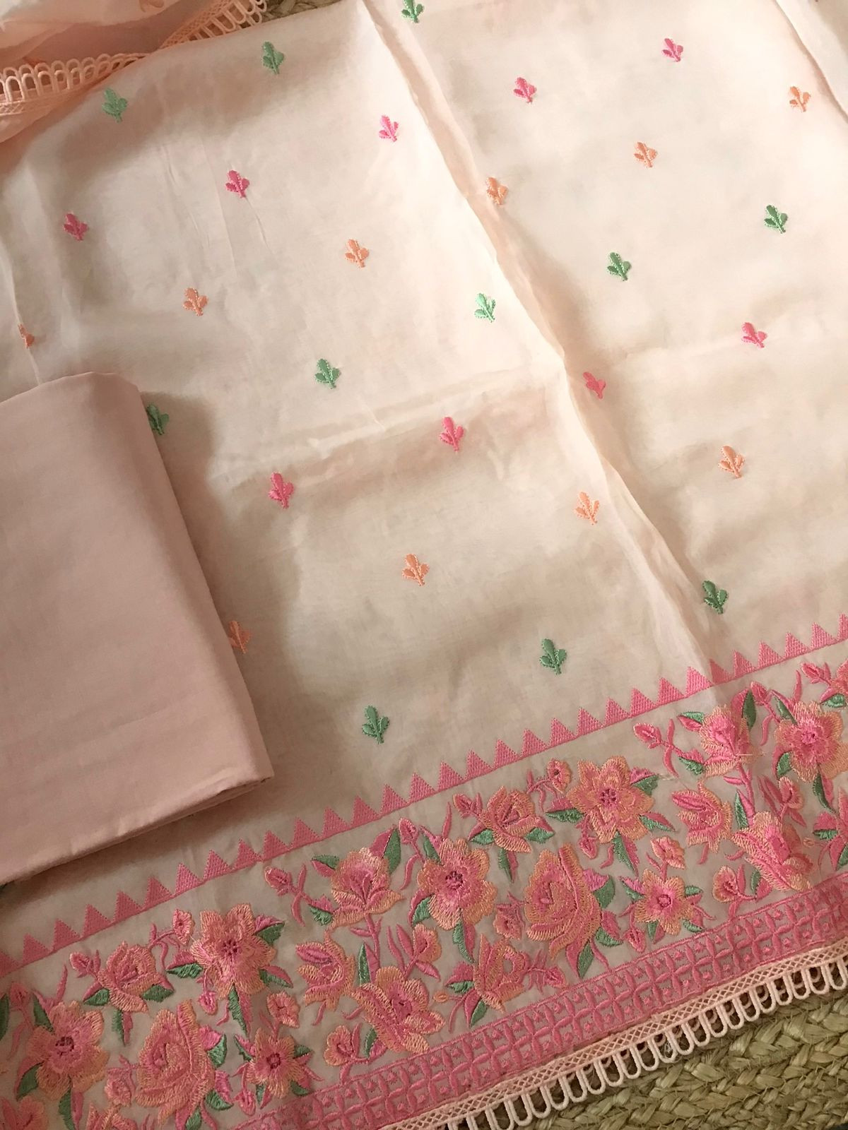 Soft Organza Embroidered Suit - Peach