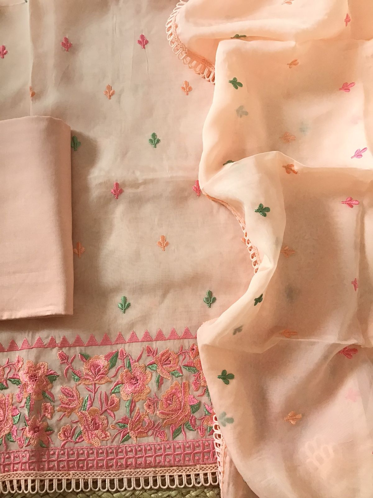 Soft Organza Embroidered Suit - Peach