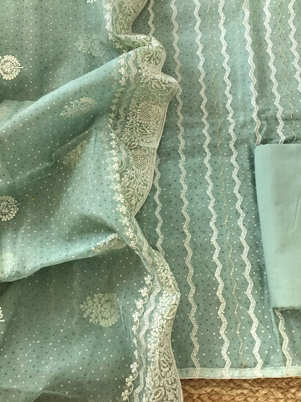 Soft Supernet Printed Embroidered Suit - Green