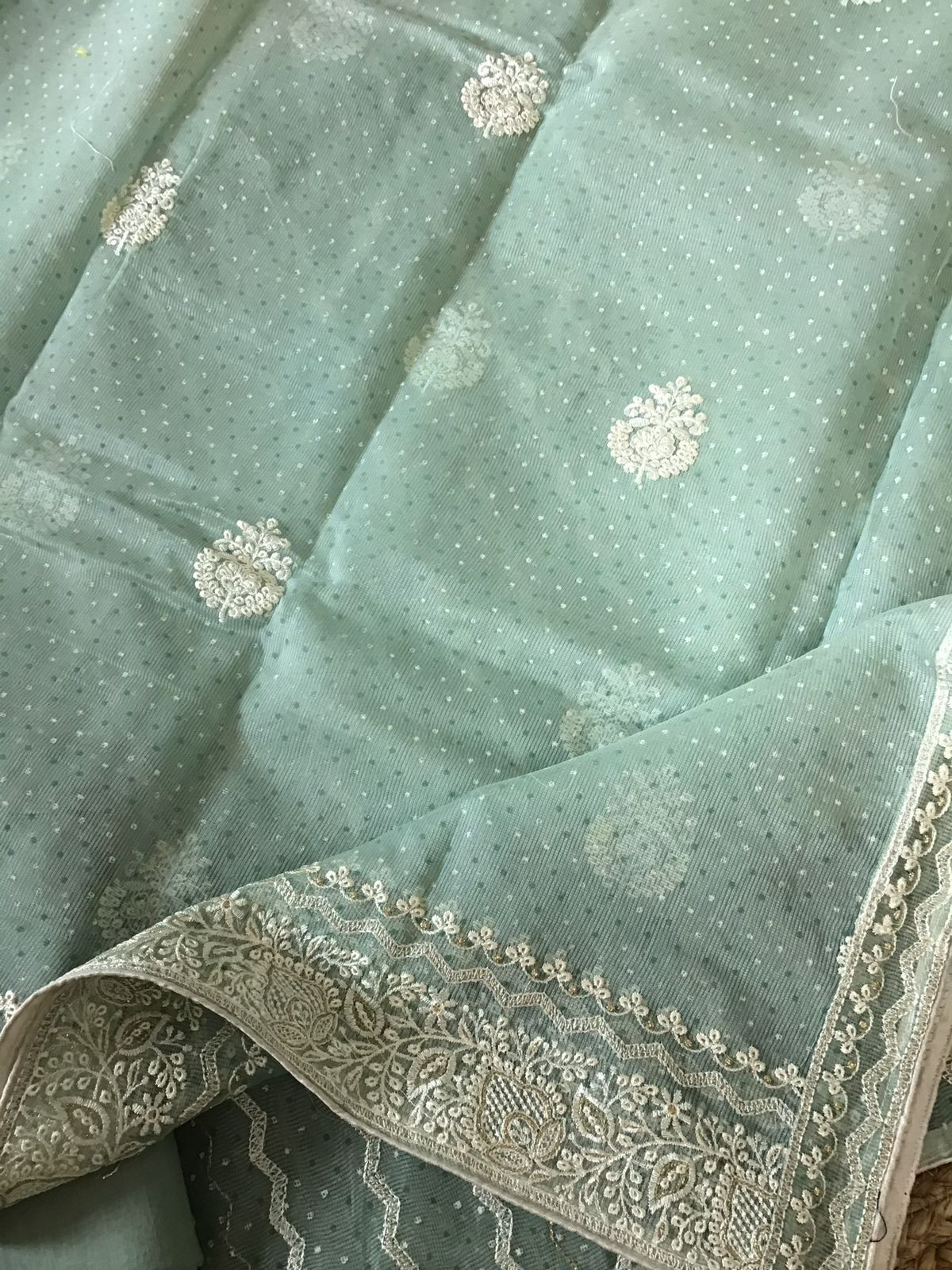 Soft Supernet Printed Embroidered Suit - Green