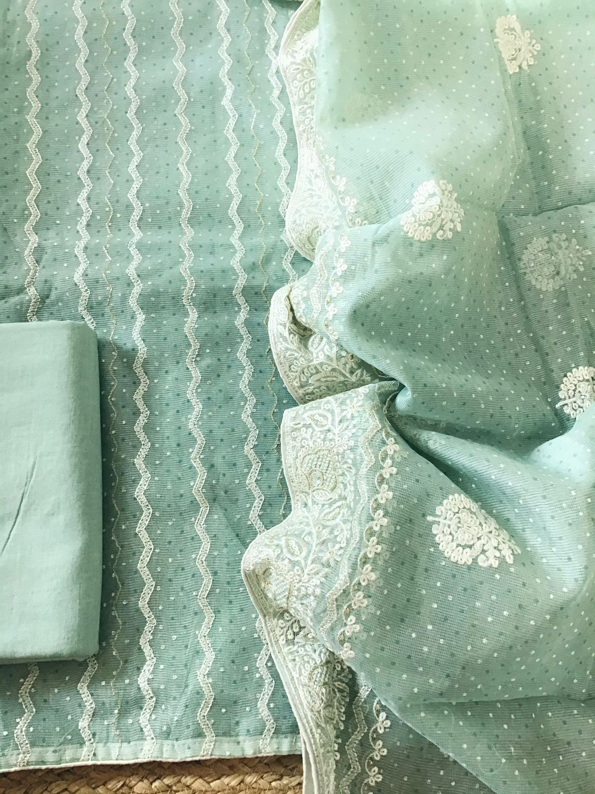 Soft Supernet Printed Embroidered Suit - Green